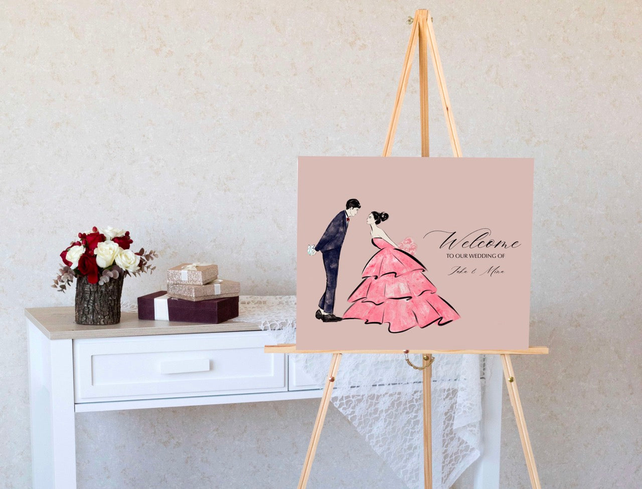Custom Portrait Wedding Welcome Sign Illustrated by Fashion Illustrator - mimiJ