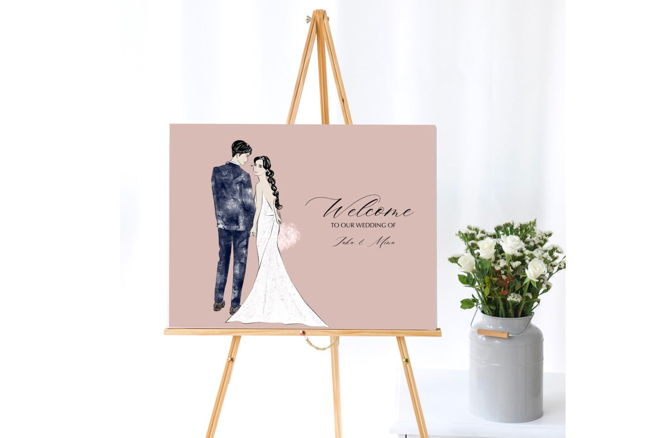 Custom Portrait Wedding Welcome Sign Illustrated by Fashion Illustrator - mimiJ